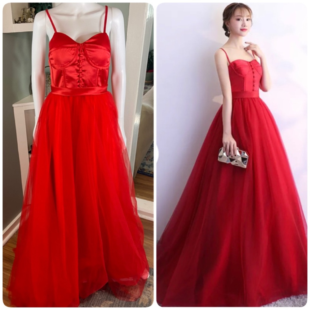Red Satin Bustier Corset Prom Formal Dress Tulle Floor Length Gown XS/S